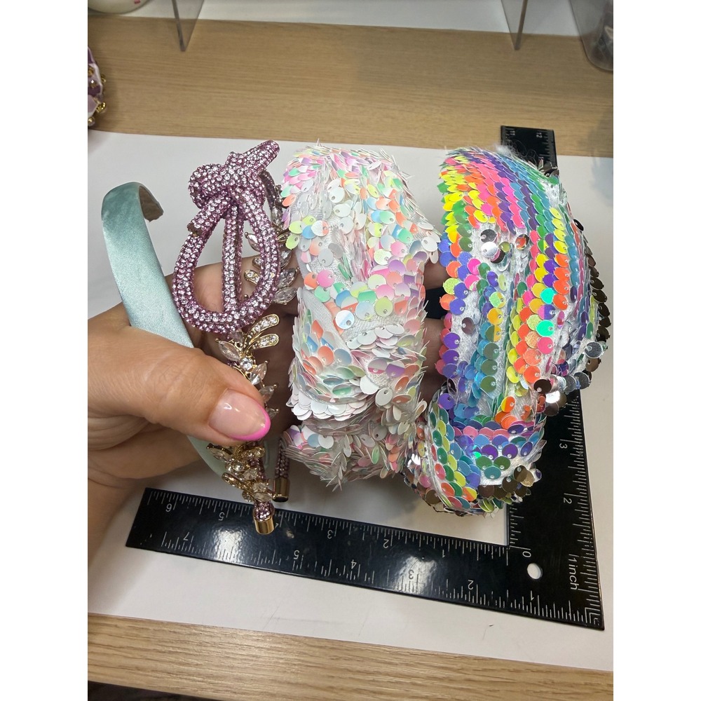 Lot of 4 Statement Headbands Sequin Rainbow Iridescent Jeweled Pink‎ Bow Satin